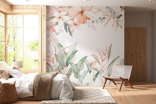 Tapet O compoziție tropicală de flori și plante în stil acuarelă, în nuanțe delicate, Fototapet Acuarelă, w05870 : Uwalls.ro