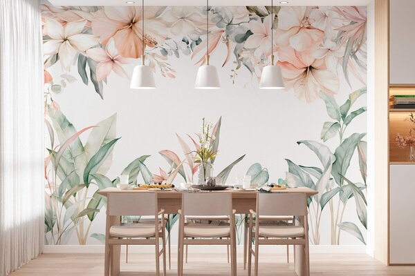 Tapet O compoziție tropicală de flori și plante în stil acuarelă, în nuanțe delicate, Fototapet Acuarelă, w05870 : Uwalls.ro