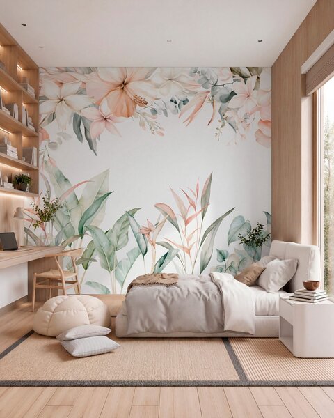 Tapet O compoziție tropicală de flori și plante în stil acuarelă, în nuanțe delicate, Fototapet Acuarelă, w05870 : Uwalls.ro