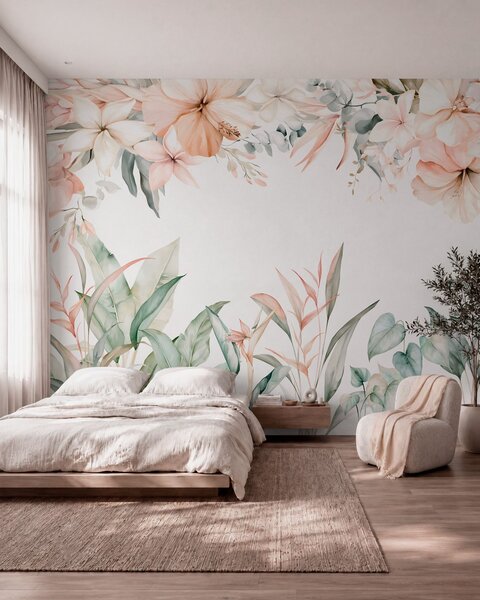 Tapet O compoziție tropicală de flori și plante în stil acuarelă, în nuanțe delicate, Fototapet Acuarelă, w05870 : Uwalls.ro