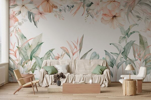 Tapet O compoziție tropicală de flori și plante în stil acuarelă, în nuanțe delicate, Fototapet Acuarelă, w05870 : Uwalls.ro