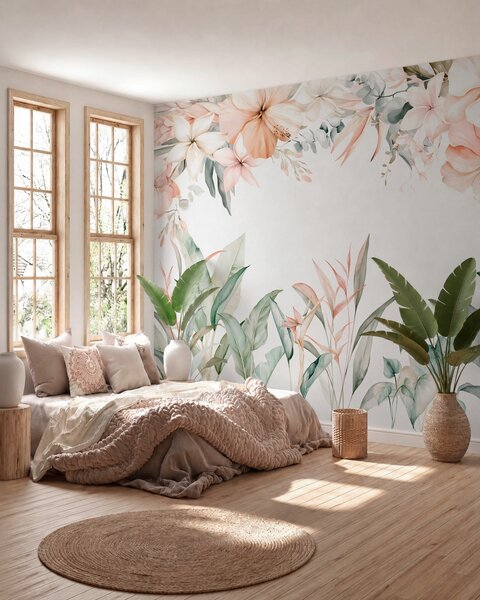 Tapet O compoziție tropicală de flori și plante în stil acuarelă, în nuanțe delicate, Fototapet Acuarelă, w05870 : Uwalls.ro