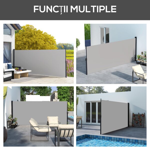 Outsunny Paravan Lateral Retractabil cu Mâner din Metal, Aluminiu și Poliester, 400x180 cm, Gri Deschis | Aosom Romania