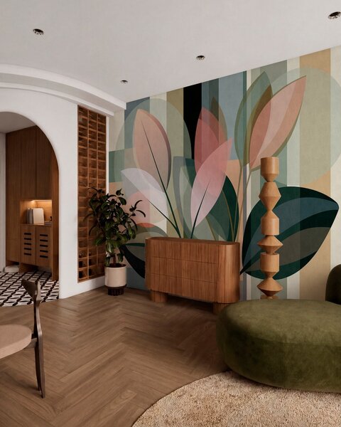 Tapet O lucrare abstractă elegantă cu motive vegetale, Imagini de fundal unice, w05871 : Uwalls.ro