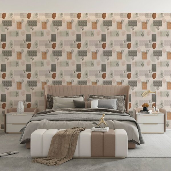 Tapet Compoziție abstractă cu frunze și forme geometrice, Tapet abstract, a01257 : Uwalls.ro