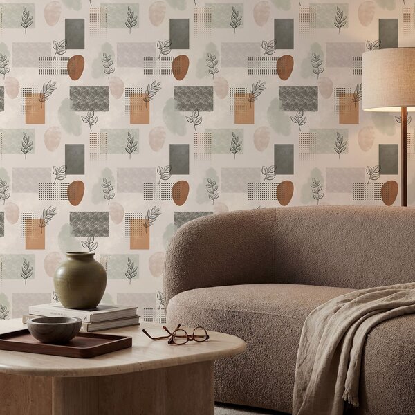 Tapet Compoziție abstractă cu frunze și forme geometrice, Tapet abstract, a01257 : Uwalls.ro