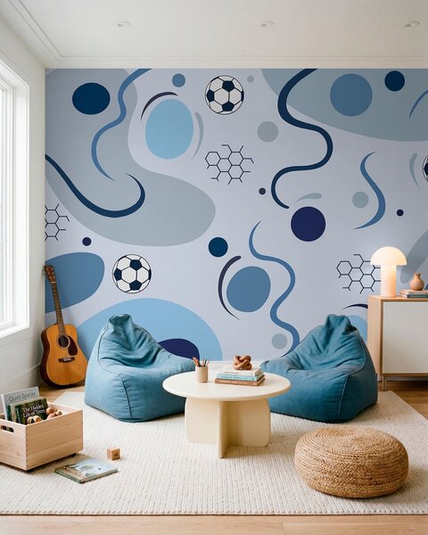Tapet Forme abstracte colorate, mingi de fotbal și diagrame, Fototapet sport, w05142 : Uwalls.ro