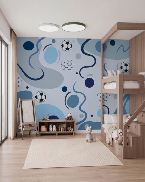 Tapet Forme abstracte colorate, mingi de fotbal și diagrame, Fototapet sport, w05142 : Uwalls.ro