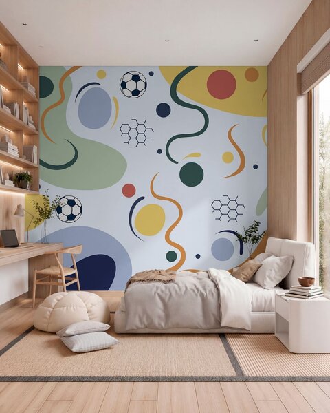 Tapet Forme abstracte, mingi de fotbal, linii și cercuri, Fototapet sport, w05142v2 : Uwalls.ro