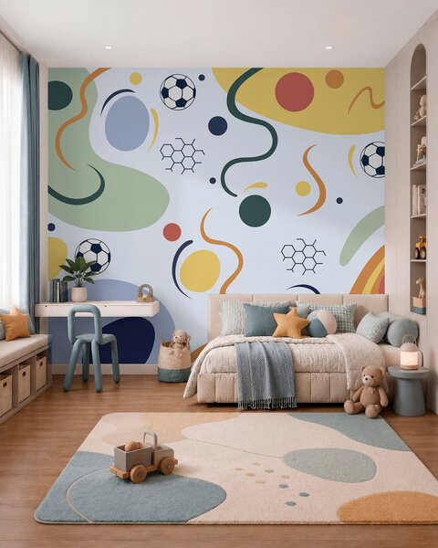 Tapet Forme abstracte, mingi de fotbal, linii și cercuri, Fototapet sport, w05142v2 : Uwalls.ro