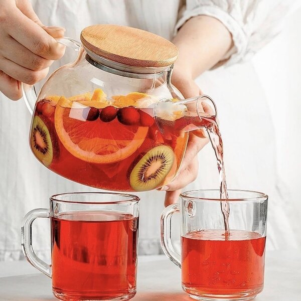 Ceainic Pufo din sticla cu capac din bambus, 1L- ideal pentru ceai, infuzii si servire eleganta