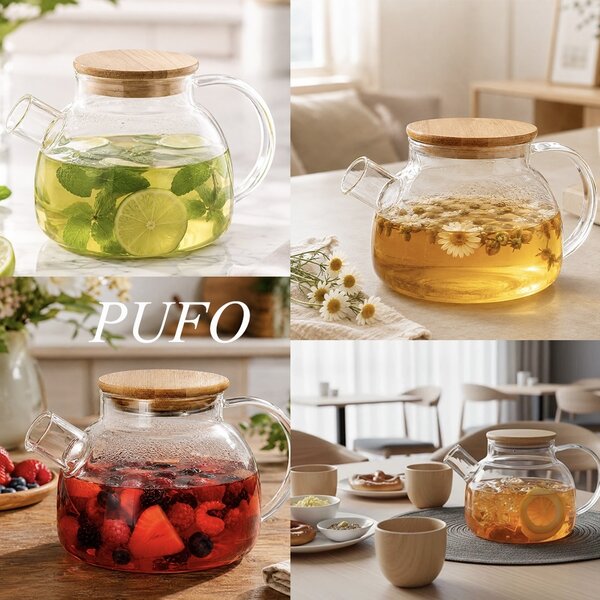Ceainic Pufo din sticla cu capac din bambus, 1L- ideal pentru ceai, infuzii si servire eleganta