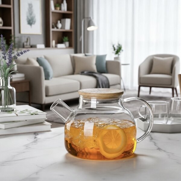 Ceainic Pufo din sticla cu capac din bambus, 1L- ideal pentru ceai, infuzii si servire eleganta