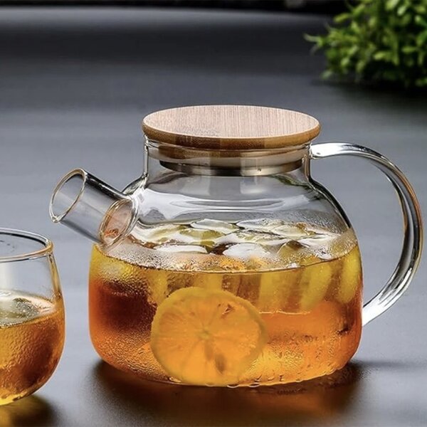 Ceainic Pufo din sticla cu capac din bambus, 1L- ideal pentru ceai, infuzii si servire eleganta