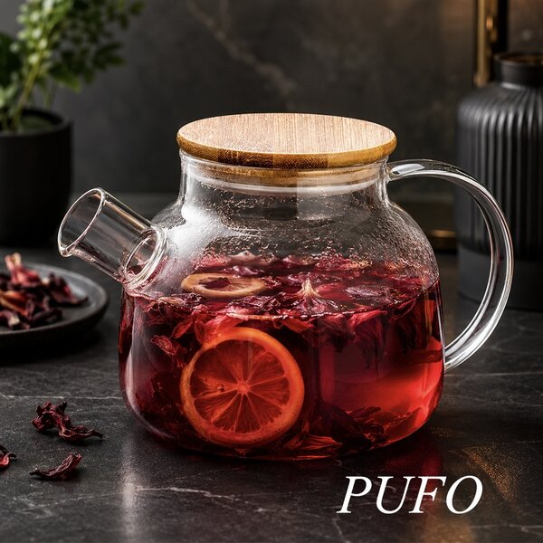 Ceainic Pufo din sticla cu capac din bambus, 1L- ideal pentru ceai, infuzii si servire eleganta