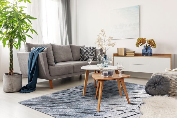 Covor modern COZY 8874 Timber, lemn - structural două niveluri de lână gri / albastru