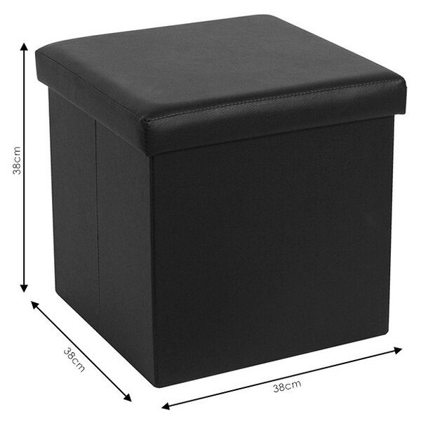 Taburet hol cufar cu spatiu de depozitare Crystal piele ecologica negru 38x38x38cm
