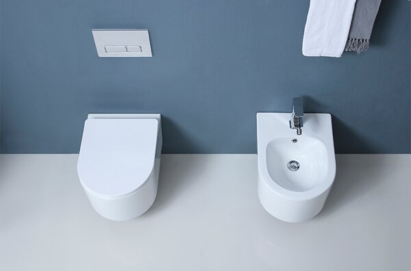 Set vas WC suspendat, Fluminia, Roco, compact, cu capac, alb