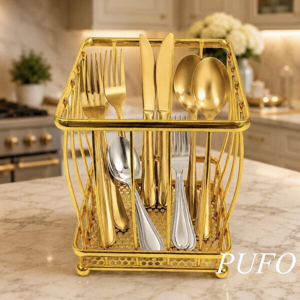 Suport metalic auriu Pufo pentru ustensile de bucatarie si accesorii, organizator elegant pentru casa