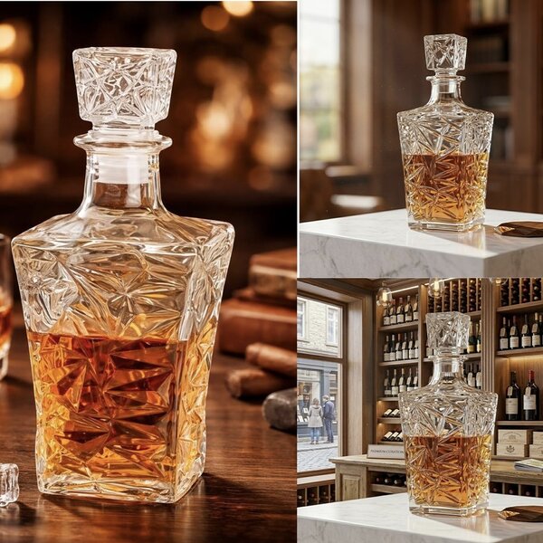 Sticla eleganta Pufo Ellegant pentru bautura, lichior sau whisky, 1L, transparenta– rafinata si rezistenta