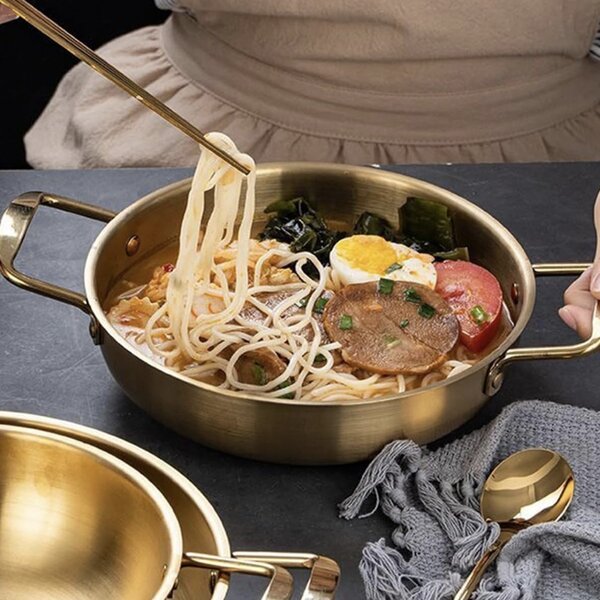 Tigaie tip platou Pufo cu 2 manere pentru servire, paella, fructe de mare, 22 cm, auriu