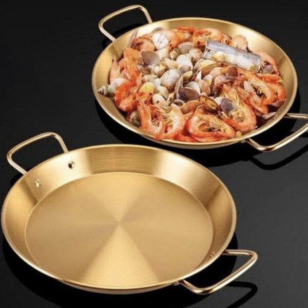 Tigaie tip platou Pufo cu 2 manere pentru servire, paella, fructe de mare, 22 cm, auriu