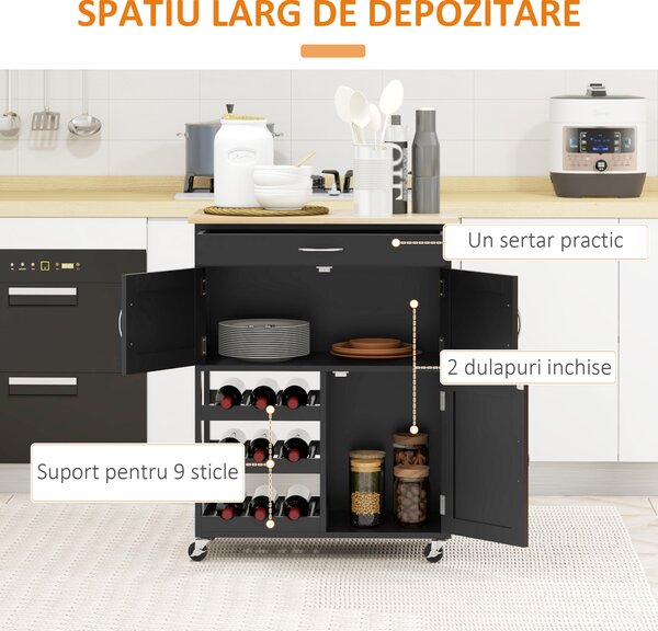 HOMCOM Cărucior de Bucătărie cu Suport pentru Sticle, 3 Uși, 4 Roți și Sertar, Dulapior de Bucătărie, 67x37x87 cm, Negru | Aosom Romania