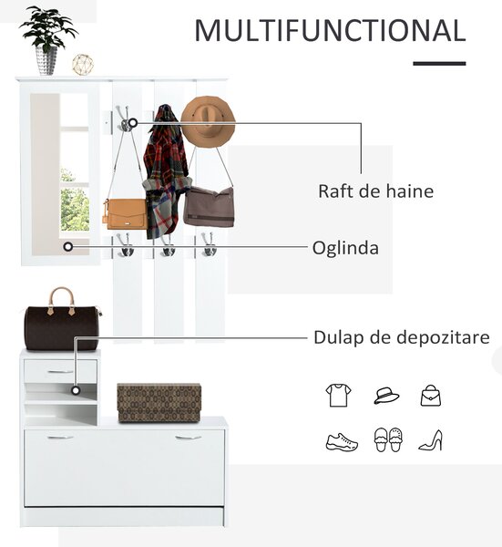 HOMCOM Mobila de Hol Moderna Garderoba Set Cuier, Oglinda si Dulap Pantofi 3 in 1, in Lemn Alb | Aosom Romania