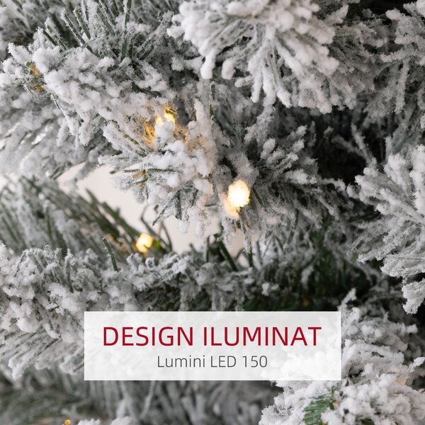 HOMCOM Brad de Crăciun Înzăpezit cu 329 de Crengi și Lumini LED Albe, Brad Artificial din Plastic, Ø52x180 cm, Verde | Aosom Romania