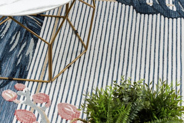 Covor Structural BOTANIC 65240 Flamingo, frunze tesut plat pe balcon, terasa - albastru inchis