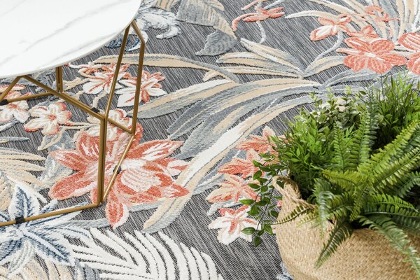Covor Structural BOTANIC 65262 Flori, tesut plat pe balcon, terasa - negru