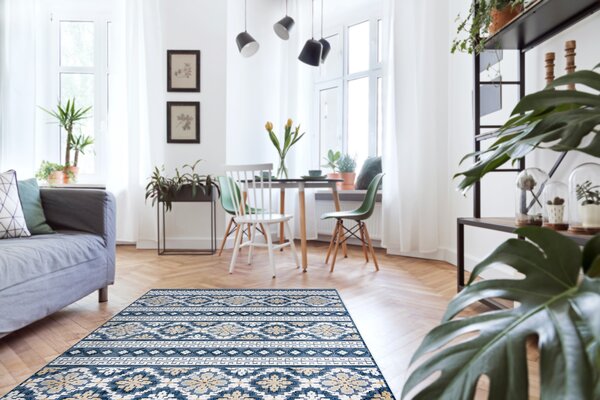 Covor Structural BOTANIC 65252 Boho, tesut plat pe balcon, terasa - albastru inchis
