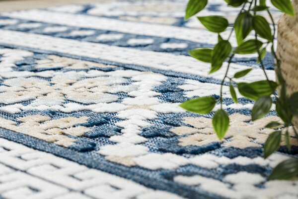 Covor Structural BOTANIC 65252 Boho, tesut plat pe balcon, terasa - albastru inchis