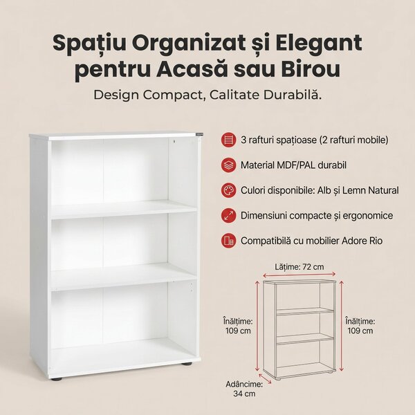 Biblioteca Adore Rio Mini, 3 rafturi, Alb - Nuc - Antracit, 72x109x34 cm