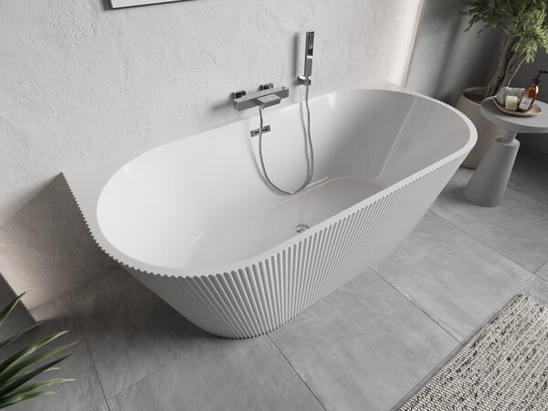 Cadă de baie independentă Mexen Oris cu caneluri 150 x 75 cm, alb lucios, preaplin cromat, 52871507500-01