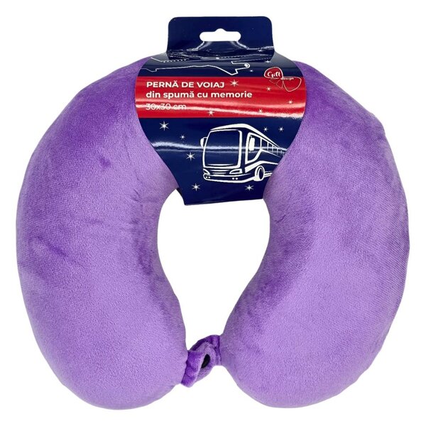 Pernă de călătorie, pentru adulți, culoare mov, din spumă cu memorie, 30 cm