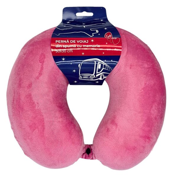 Pernă de călătorie, pentru adulți, culoare rozalie, din spumă cu memorie, 30 cm
