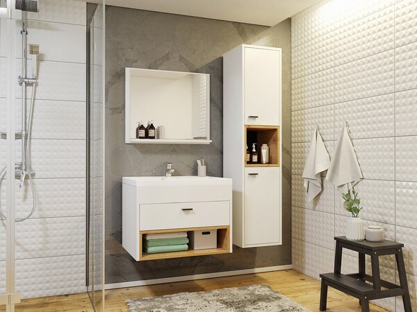 Z0ND0 Mobilier baie Olevaro I (Alb + Stejar artisan) (cu chiuvetă, baterie Economico BYU 020M și sifon). 1104019