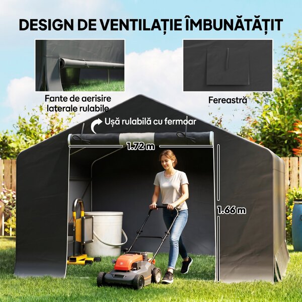 Outsunny Garaj Moto Exterior 3x3 m, Impermeabil, cu Ușă și Guri de Aerisire Rulabile, pentru Biciclete și Unelte, Gri Închis | Aosom Romania