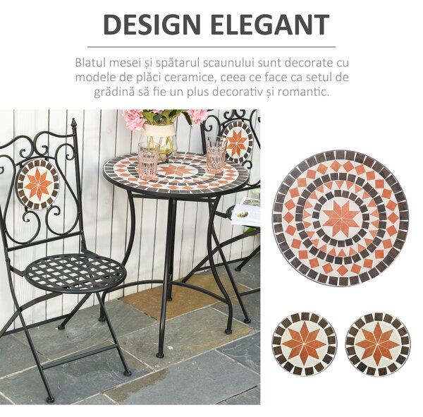 Set de Gradina Outsunny cu 2 Scaune Pliante si 1 Masuta tip Mozaic, Metal si Ceramica | Aosom Romania