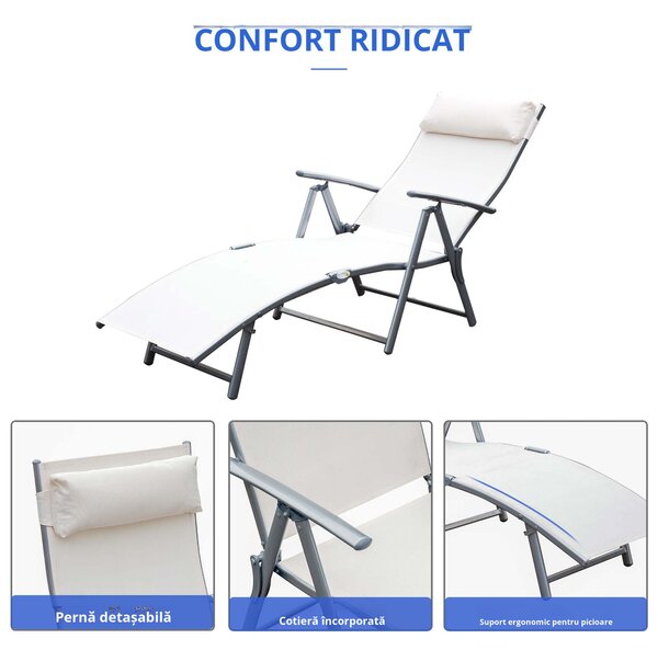 Outsunny Sezlong de Grădină Pliabil cu Spătar Reglabil, Ideal pentru Relaxare în Aer Liber, Crem Alb | Aosom Romania