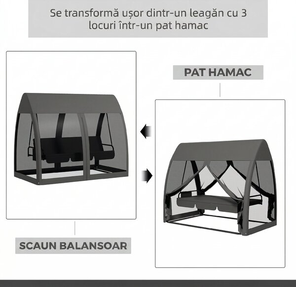 Outsunny Balansoar de Grădină 2-în-1 Convertibil în Pat cu Perne, Balansoar cu Husă și Plasă de Țânțari cu Fermoar, 240x140x197 cm, Gri | Aosom Romania