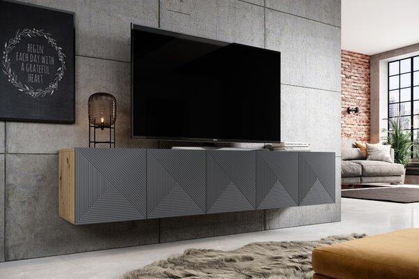 Comodă TV suspendată cu fronturi riflate Asha 200 cm - artisan / rivier stone mat