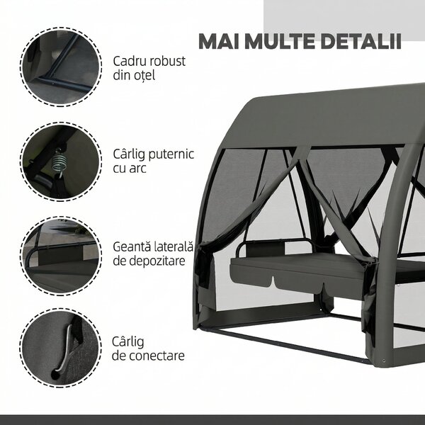 Outsunny Balansoar de Grădină 2-în-1 Convertibil în Pat cu Perne, Balansoar cu Husă și Plasă de Țânțari cu Fermoar, 240x140x197 cm, Gri | Aosom Romania