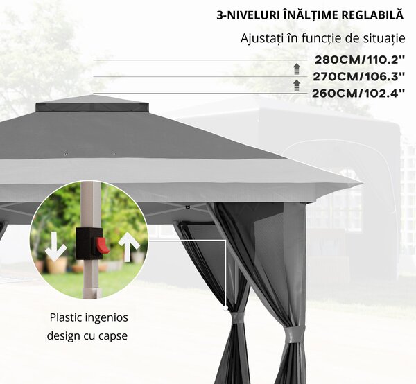 Outsunny Pavilion Pliabil cu Pereți din Plasă, Înălțime Reglabilă și Protecție UV, 356x356x280 cm, Gri | Aosom Romania