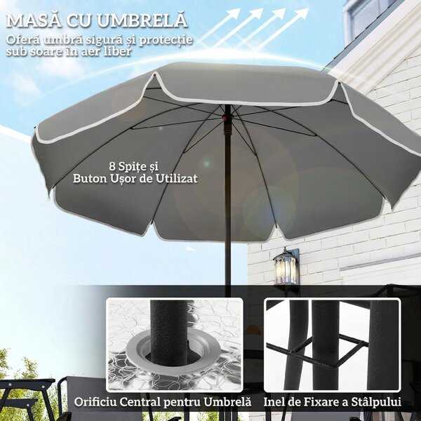 Outsunny Set de Mobilier de Grădină din 6 Piese cu Umbrelă de Soare, Masă și Scaune Pliante, Ф80x70 cm, Gri | Aosom Romania