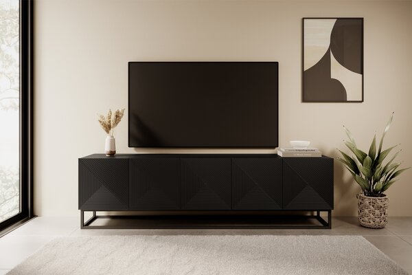 Comodă TV cu fronturi striate Asha 200 cm cu cadru metalic - negru mat
