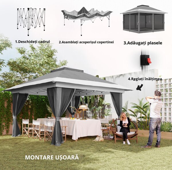 Outsunny Pavilion Pliabil cu Pereți din Plasă, Înălțime Reglabilă și Protecție UV, 356x356x280 cm, Gri | Aosom Romania