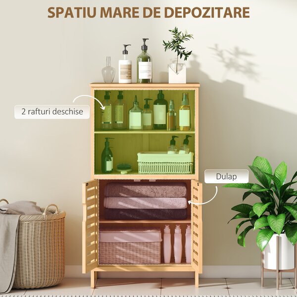 Kleankin Mobile Bagno in Bambù, Mobiletto Bagno Salvaspazio con 2 Ante a Persiana e Ripiani Aperti, Armadietto da Terra per Sala da Pranzo, Salotto, Soggiorno, Cucina, 50x29x92 cm, Color Legno | Aosom Romania