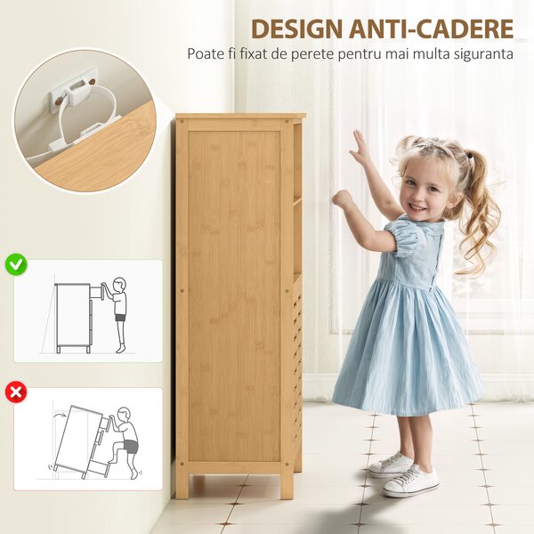 Kleankin Mobile Bagno in Bambù, Mobiletto Bagno Salvaspazio con 2 Ante a Persiana e Ripiani Aperti, Armadietto da Terra per Sala da Pranzo, Salotto, Soggiorno, Cucina, 50x29x92 cm, Color Legno | Aosom Romania